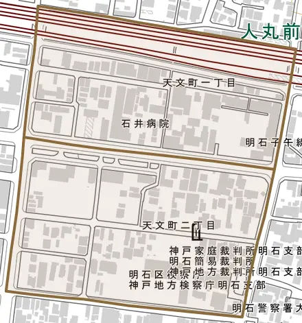 天文町とその周辺の地図。町の範囲を重ねている