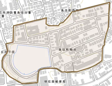 魚住町鴨池とその周辺の地図。町の範囲を重ねている