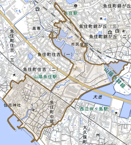 魚住町中尾とその周辺の地図。町の範囲を重ねている