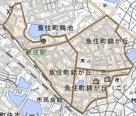 魚住町錦が丘とその周辺の地図。町の範囲を重ねている