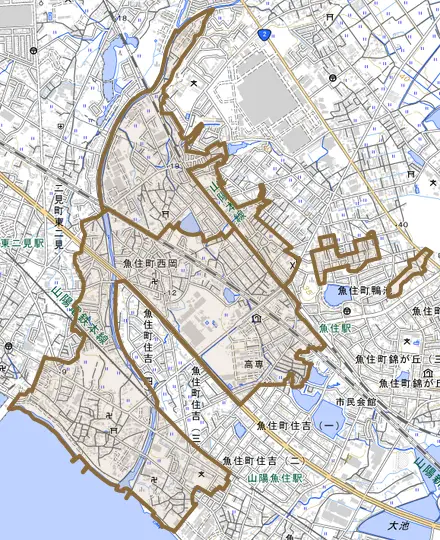 魚住町西岡とその周辺の地図。町の範囲を重ねている