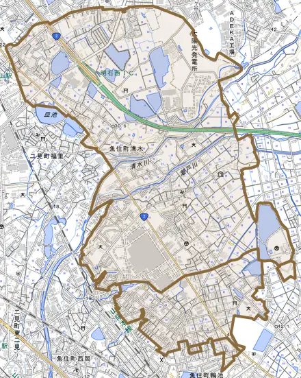 魚住町清水とその周辺の地図。町の範囲を重ねている