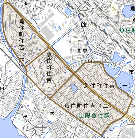 魚住町住吉とその周辺の地図。町の範囲を重ねている
