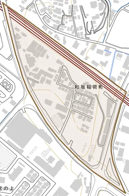和坂稲荷町とその周辺の地図。町の範囲を重ねている