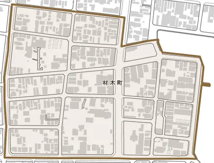 材木町とその周辺の地図。町の範囲を重ねている