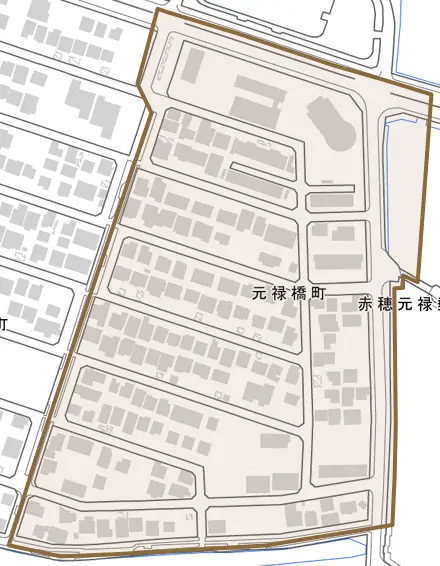 元禄橋町とその周辺の地図。町の範囲を重ねている