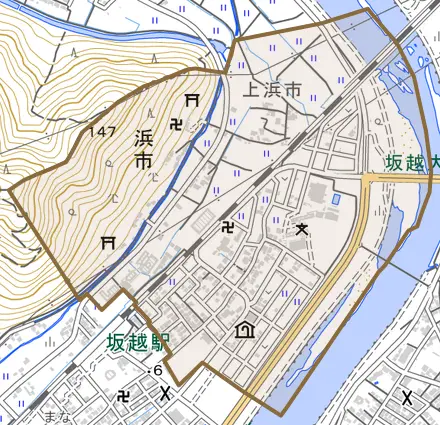 浜市とその周辺の地図。町の範囲を重ねている