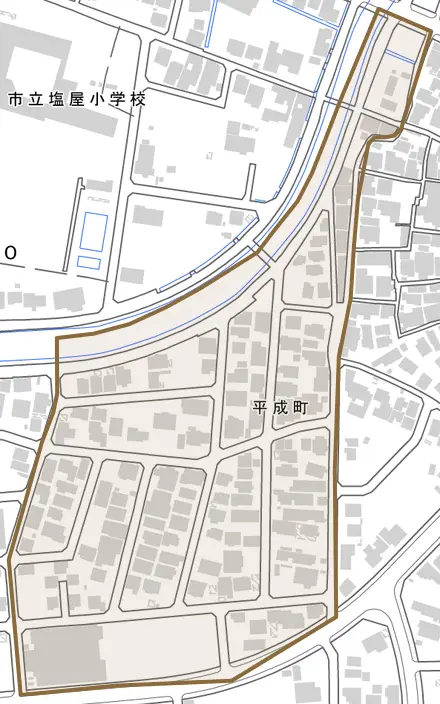 平成町とその周辺の地図。町の範囲を重ねている