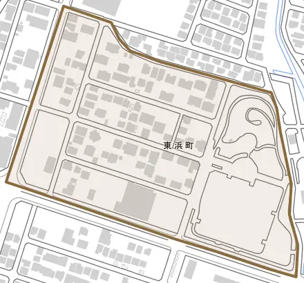 東浜町とその周辺の地図。町の範囲を重ねている