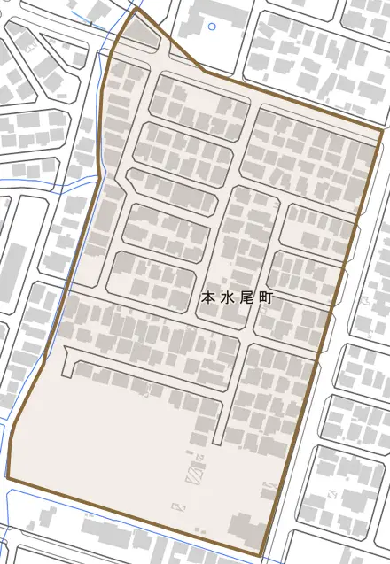 本水尾町とその周辺の地図。町の範囲を重ねている