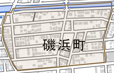 磯浜町とその周辺の地図。町の範囲を重ねている