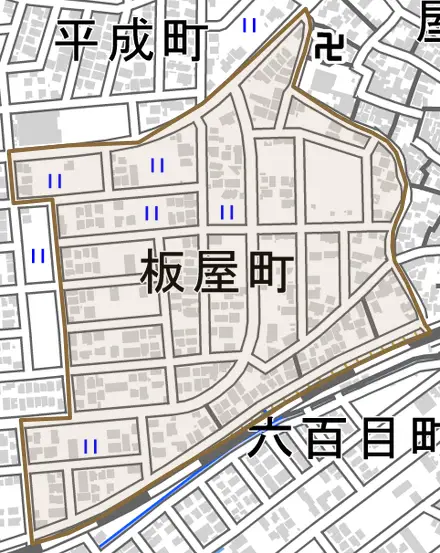 板屋町とその周辺の地図。町の範囲を重ねている