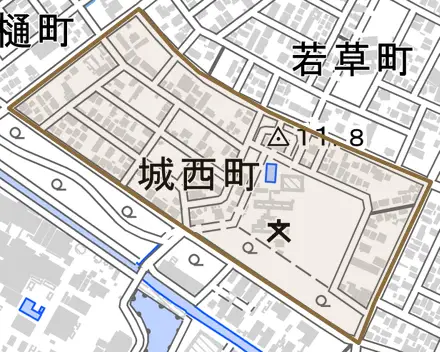 城西町とその周辺の地図。町の範囲を重ねている