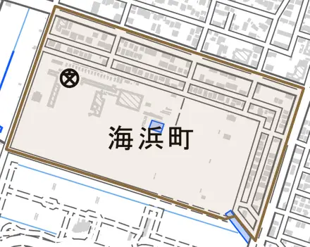 海浜町とその周辺の地図。町の範囲を重ねている