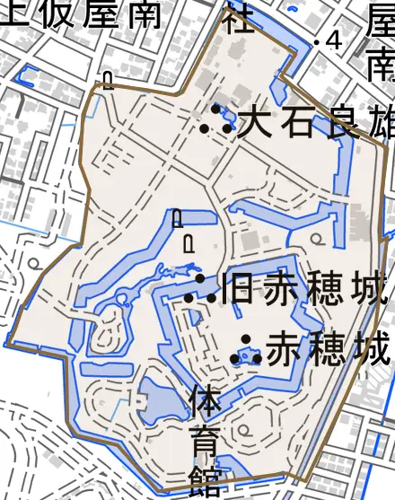 上仮屋とその周辺の地図。町の範囲を重ねている