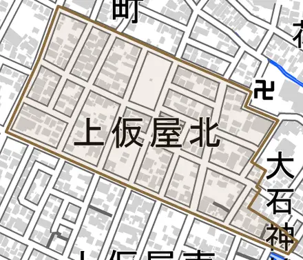 上仮屋北とその周辺の地図。町の範囲を重ねている