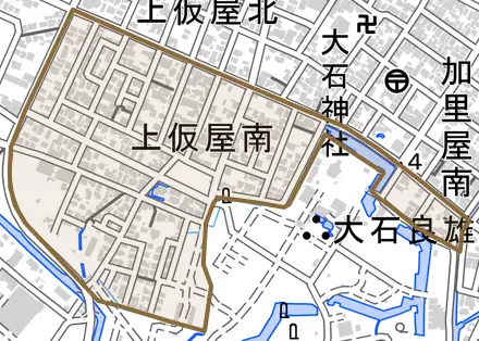 上仮屋南とその周辺の地図。町の範囲を重ねている