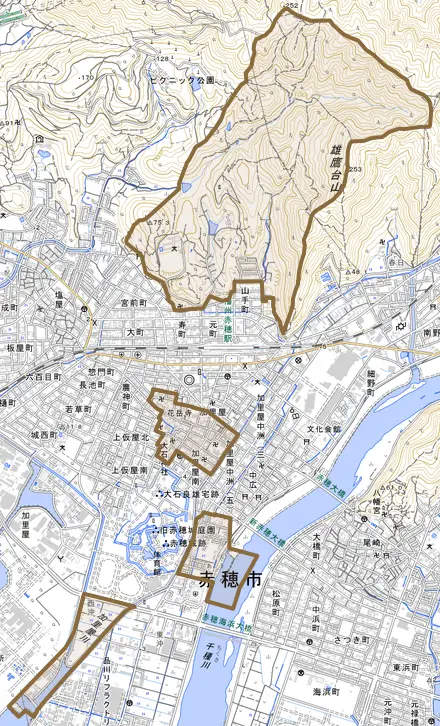 加里屋とその周辺の地図。町の範囲を重ねている