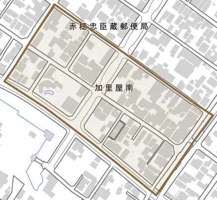 加里屋南とその周辺の地図。町の範囲を重ねている