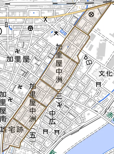 加里屋中洲とその周辺の地図。町の範囲を重ねている