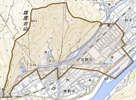 北野中とその周辺の地図。町の範囲を重ねている