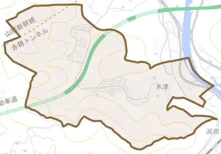 木津とその周辺の地図。町の範囲を重ねている