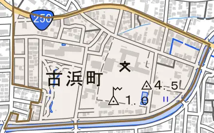 古浜町とその周辺の地図。町の範囲を重ねている