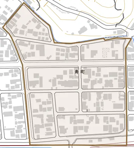 寿町とその周辺の地図。町の範囲を重ねている