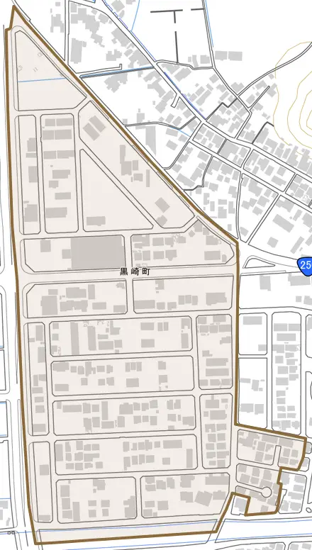黒崎町とその周辺の地図。町の範囲を重ねている