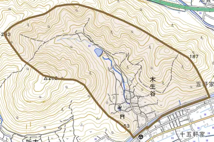 木生谷とその周辺の地図。町の範囲を重ねている