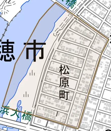 松原町とその周辺の地図。町の範囲を重ねている