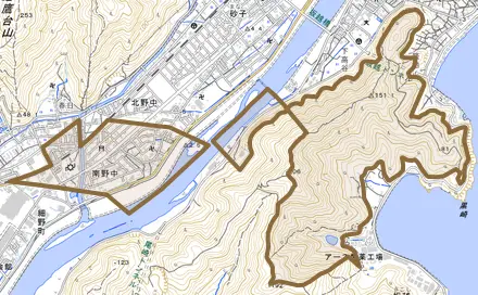 南野中とその周辺の地図。町の範囲を重ねている