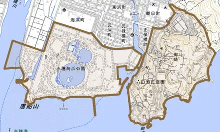 御崎とその周辺の地図。町の範囲を重ねている