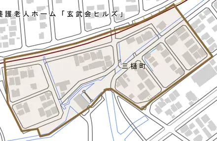 三樋町とその周辺の地図。町の範囲を重ねている