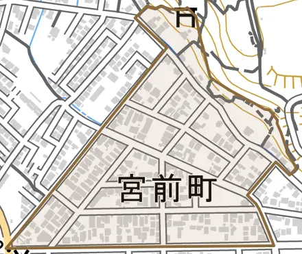宮前町とその周辺の地図。町の範囲を重ねている