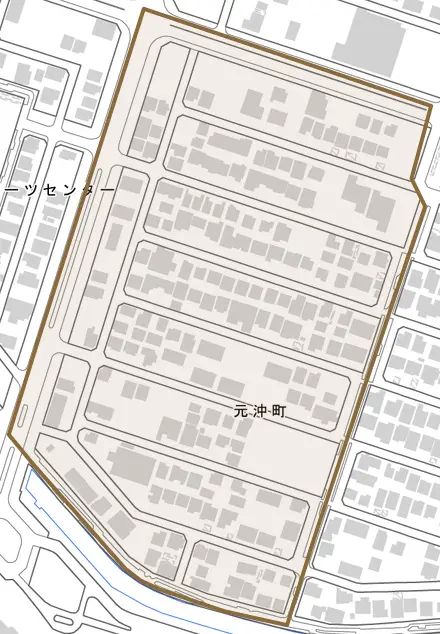 元沖町とその周辺の地図。町の範囲を重ねている