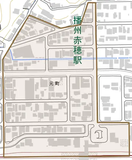 元町とその周辺の地図。町の範囲を重ねている