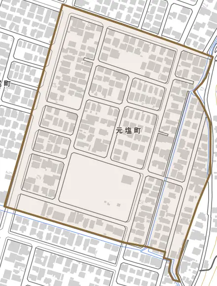 元塩町とその周辺の地図。町の範囲を重ねている