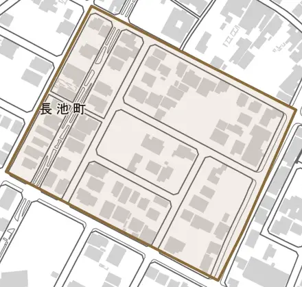長池町とその周辺の地図。町の範囲を重ねている