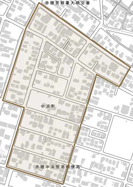 中浜町とその周辺の地図。町の範囲を重ねている