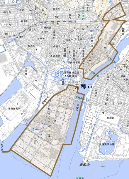 中広とその周辺の地図。町の範囲を重ねている