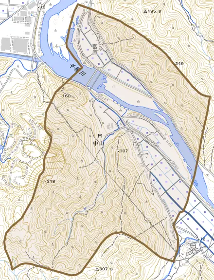 中山とその周辺の地図。町の範囲を重ねている