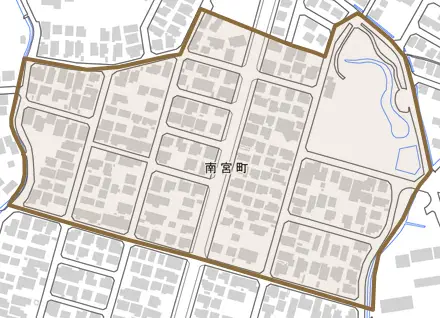 南宮町とその周辺の地図。町の範囲を重ねている
