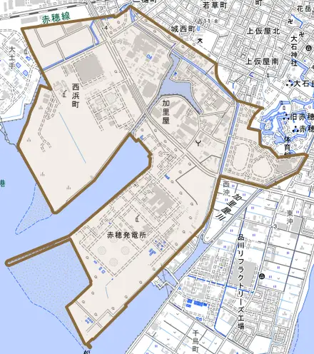 西浜町とその周辺の地図。町の範囲を重ねている