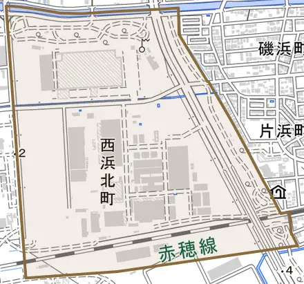西浜北町とその周辺の地図。町の範囲を重ねている