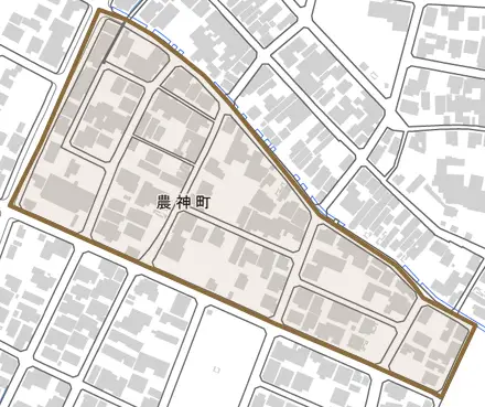 農神町とその周辺の地図。町の範囲を重ねている