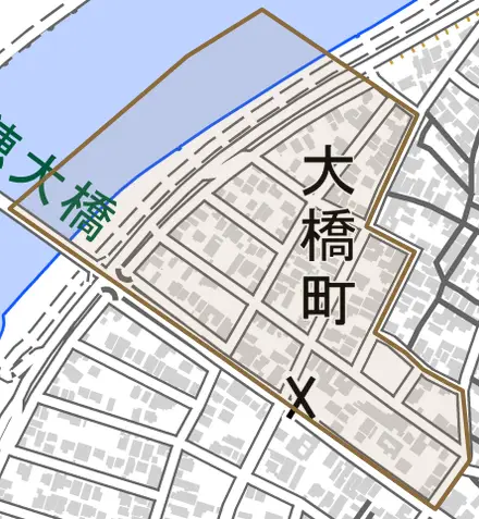 大橋町とその周辺の地図。町の範囲を重ねている