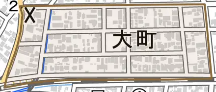 大町とその周辺の地図。町の範囲を重ねている