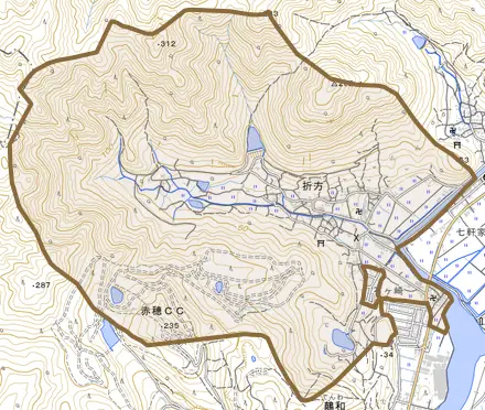 折方とその周辺の地図。町の範囲を重ねている