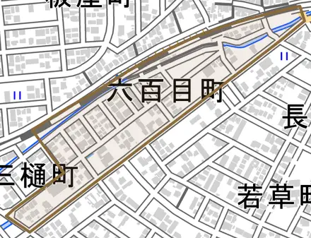 六百目町とその周辺の地図。町の範囲を重ねている